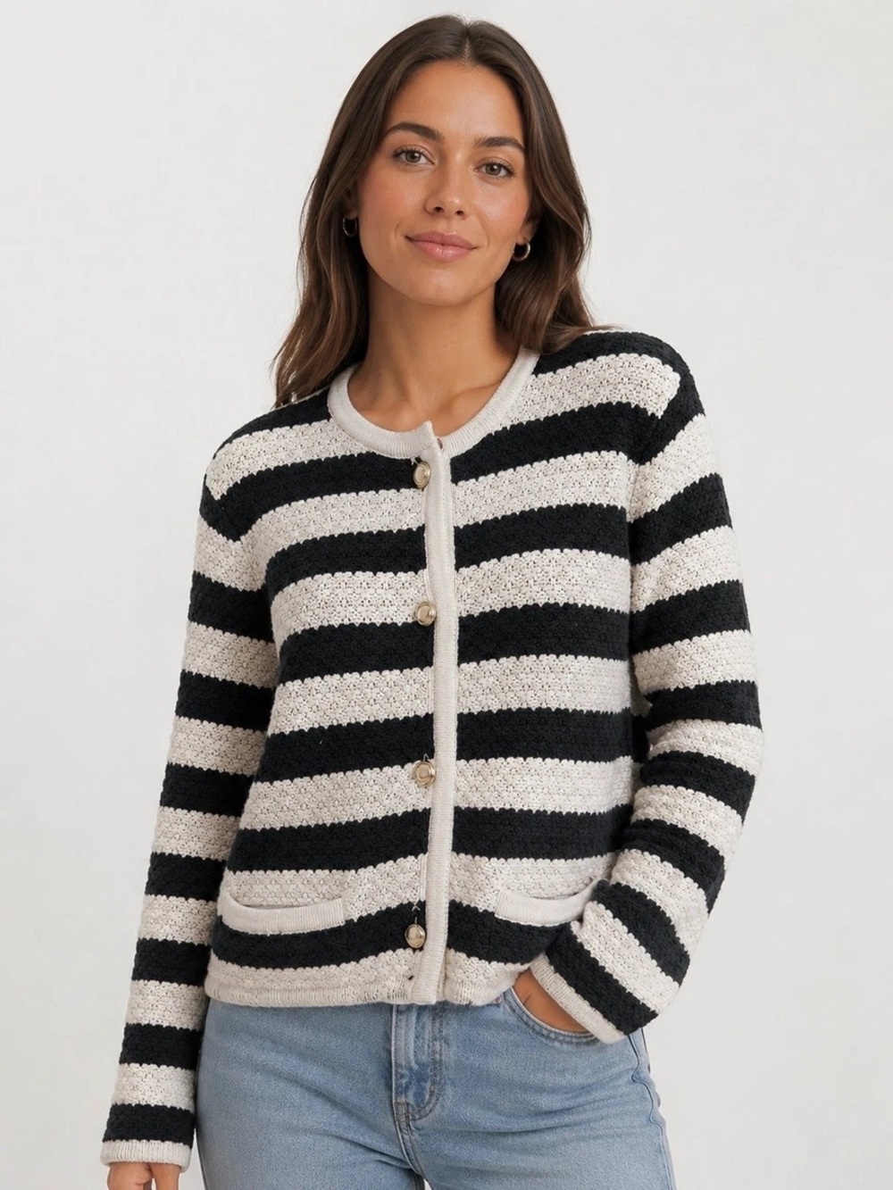 Abercrombie & Fitch Black and Cream Striped Button-Front Cardigan